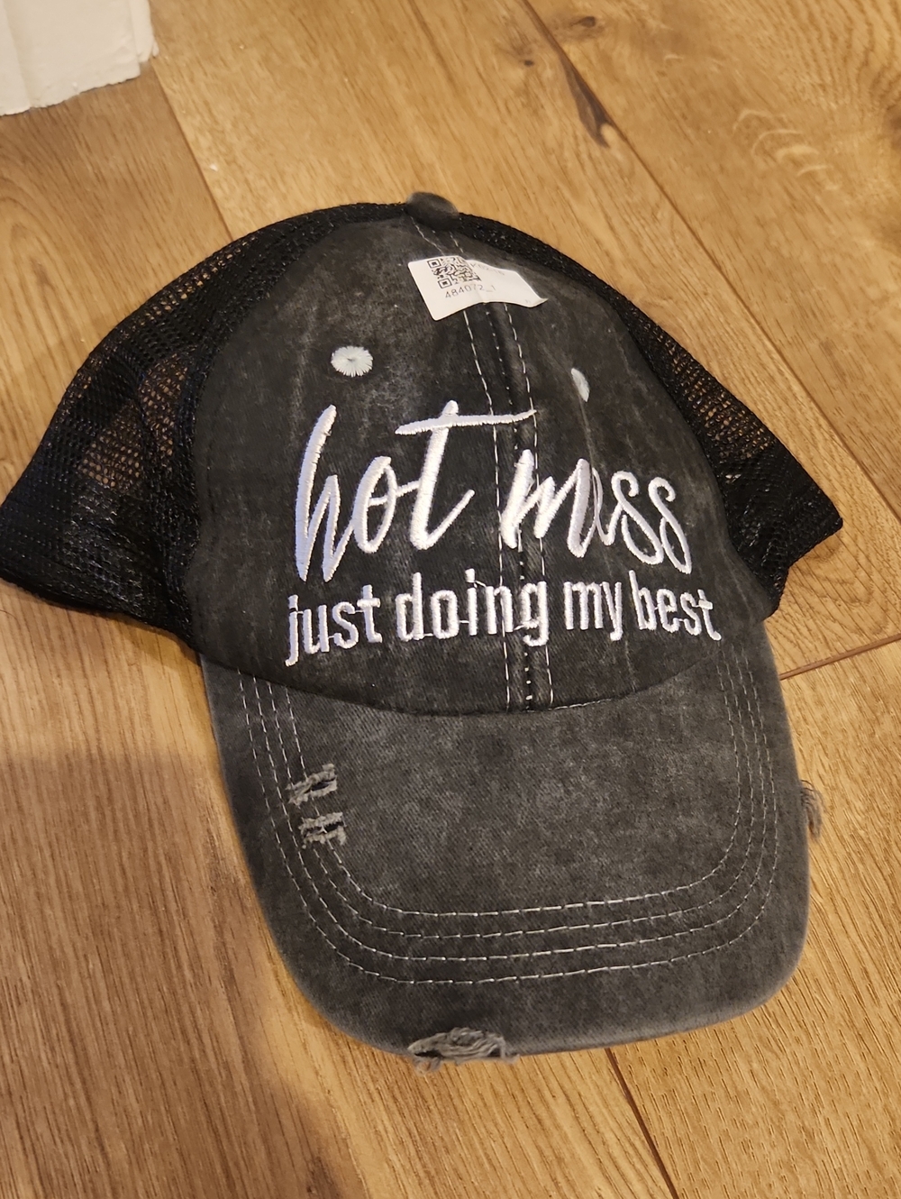 Women's Black Distressed Mesh Baseball Cap - "Hot Mess" Embroidered